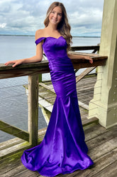 Purple Mermaid Satin Prom Dresses Off The Shoulder Formal Gown, AST1462